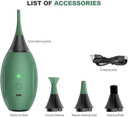 LENSGO Electric Air Blow,Camera Cleaning Kits with 4 Cleaning Heads for CMOS/Regular/Crevice Clean and Brush, 4.0kPa Dust Removal Type C Charge (Green)
