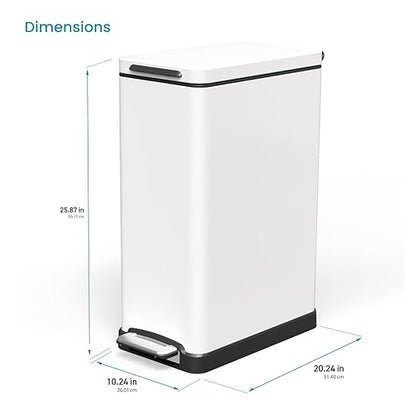 Home Zone Living 12 Gallon Slim Kitchen Trash Can with Slow Close Lid and Step Pedal, Stainless Steel, Matte White, 45 Liters