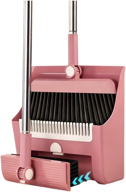 3 in 1 Broom and Dustpan Set with Adjustable Push Broom with 48.8“ Long Handle for Floor Sweeping Outdoor Indoor Sweeping Combo for Home & Kitchen (Pink)