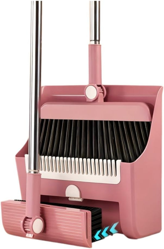 3 in 1 Broom and Dustpan Set with Adjustable Push Broom with 48.8“ Long Handle for Floor Sweeping Outdoor Indoor Sweeping Combo for Home & Kitchen (Pink)