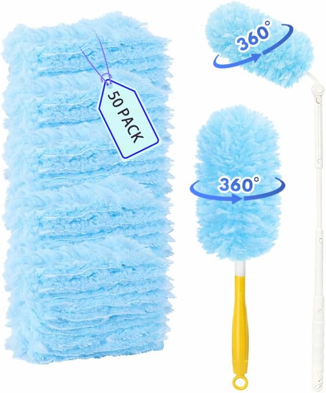 50 Count Duster Refills ，360° Heavy Duty Duster Refills Compatible with Swiffer Duster, Multisurface Heavy Duty Duster Replacements with 1 Short Handle and 1 Extenda Handle