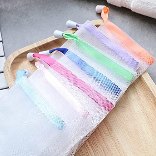 FULINJOY 6 PCS Exfoliating Mesh Soap Saver Pouch Bag Sack, Face Cleansing Foaming Nets, White Pouch with Drawstring (Color Random)