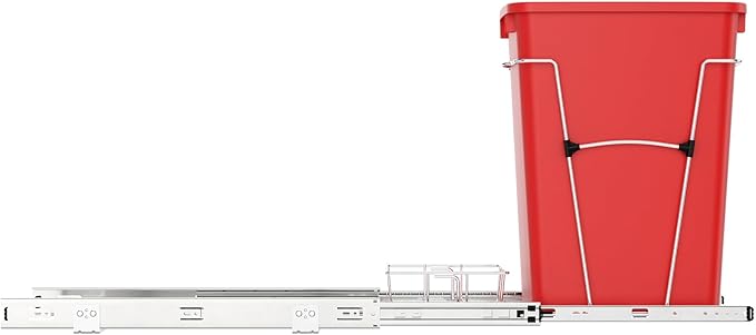 Rev-A-Shelf Pullout Trash Can for Kitchen Cabinets 35 Qt Garbage Waste Recyling Bin with Full Extension Slides, Red, RV-12KD-16C-S