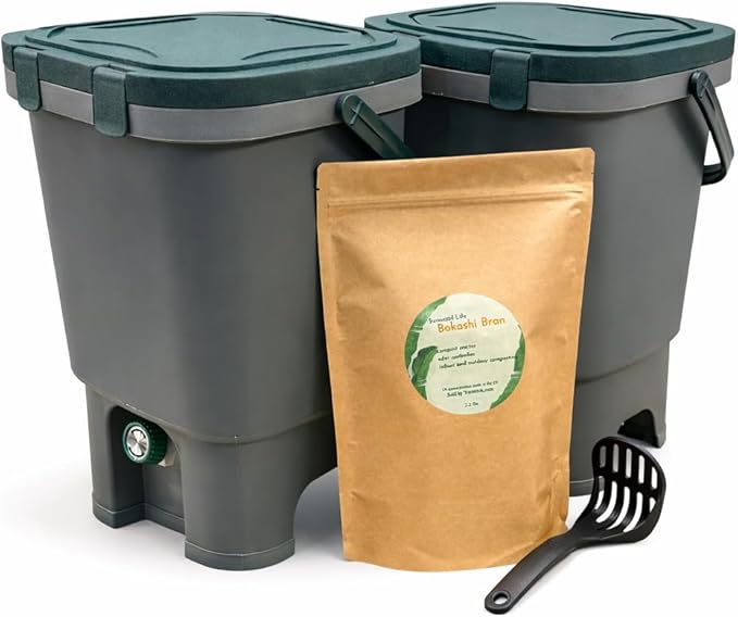 Easy Snap Lid Bokashi Compost Kit- Two Sets, 2.2 LBS Premium Bokashi Bran Included, Start to Turn Your Kitchen Waste into Organic Nutrients for Your Gardening (2)