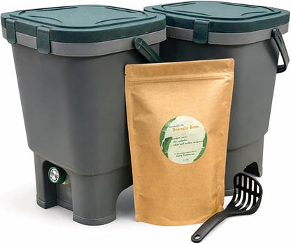 Easy Snap Lid Bokashi Compost Kit- Two Sets, 2.2 LBS Premium Bokashi Bran Included, Start to Turn Your Kitchen Waste into Organic Nutrients for Your Gardening (2)