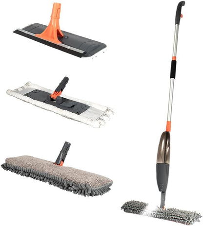 3-in-1 Spray Mop Set with Double-Sided Chenille, Microfiber, and Squeegee Pads - Lightweight Aluminum Handle, 520ML Water Tank, All-Floor & Window Cleaning (Stella - LV-S03)