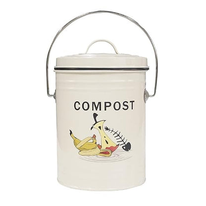 SOTECH Round Compost Bin Garbage Can for Kitchen Counter Garden Compost Can with lid Metal Shell Plastic Liner Trash Can Household Garbage Collection Kitchen Decoration Indoor Composter