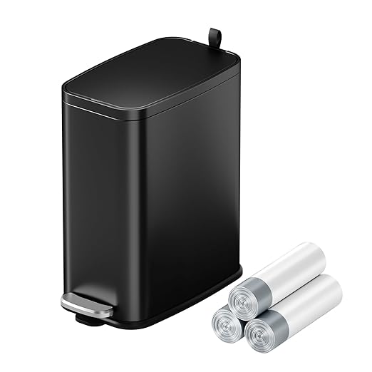 Small Bathroom Trash Can with Lid Soft Close, Step Pedal, 1.6 Gallon Black Stainless Steel Garbage Can with Removable Inner Bucket, Includes 60 Trash Bags for Home Bedroom