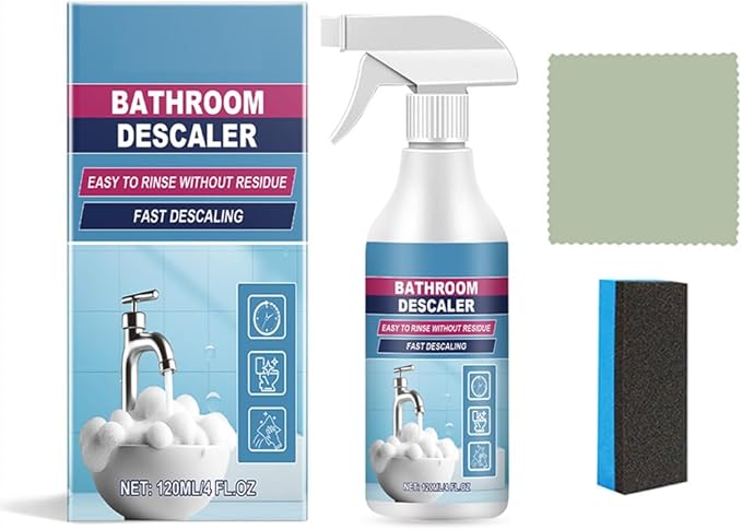 Powerful Bathroom Descaler Spray - Multi-Surface Cleaner for Hard Water Stains, Soap Scum, and Dirt on Tiles, Tubs, Toilets, Sinks, and Kitchen Surfaces (120ml, with Cleaning Cloth & Sponge)