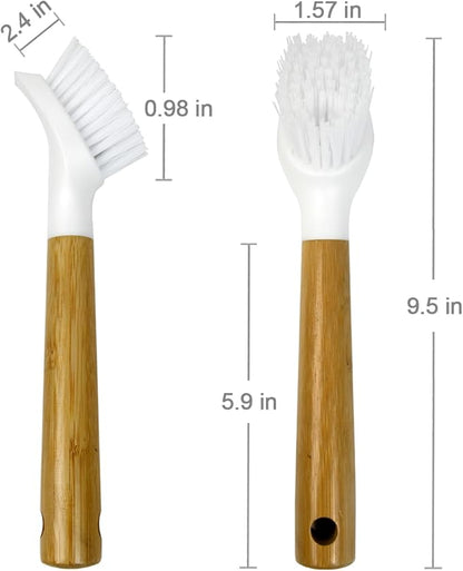 CELOX Bamboo Dish Scrubber Brush with Handle, 2 Pack Kitchen Brushes for Dishes