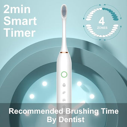 SUNPRO 2 Pack Adults Sonic Electric Toothbrush, 42000vpm, 6 Modes Rechargeable for Deep Cleaning Include 8 Heads (Black+White)