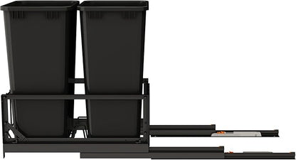 Rev-A-Shelf Aluminum Double Pullout Waste Container for Kitchen Base Cabinets, 50 Qt Trash Can with Soft-Close Slides, Black, 5349-2150DM-218