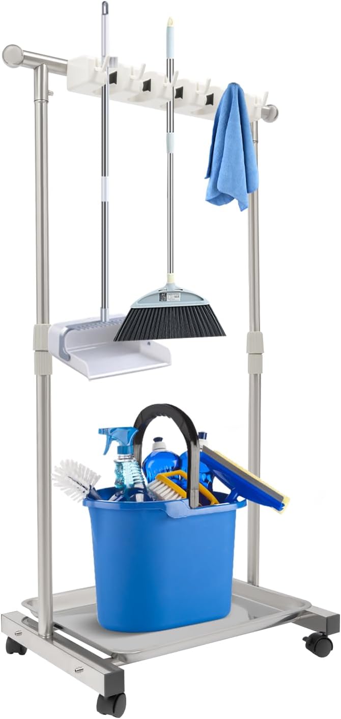 YIYIBYUS Movable Broom mop Holder, Garden Tool Organizer 5 Slots with Hooks, Floor Standing Cleaning Tool Rack Stainless Hold Long-Handled Tool/Rake/Broom for Garage, Closet,Cabinet