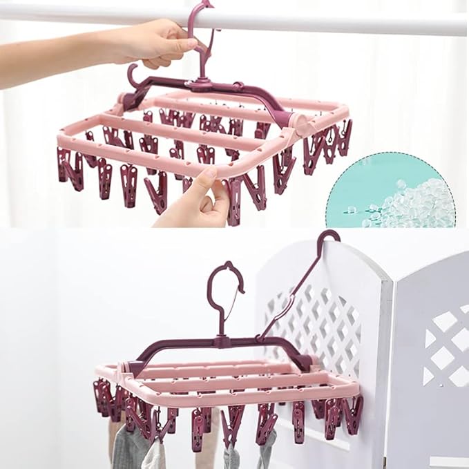 Foshine Clothes Drying Racks Foldable Clip Hangers Plastic with 32 Drying Clips Wind-Proof Hook Underwear Hanger for Socks Bras (Pink)