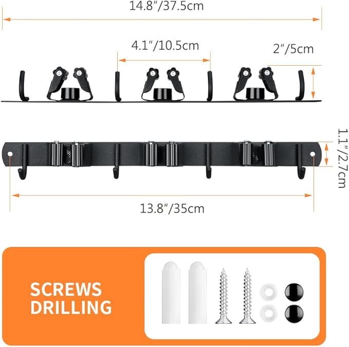 JAMEND CLXP Broom Hanger and Mop Holder, Heavy Duty Garden Tool Organizer Rack Rake and Shovel Handle, Stainless Steel Wall Mounted Utility Rack with Screws (3 Racks with 4 Hooks, Matte Black).