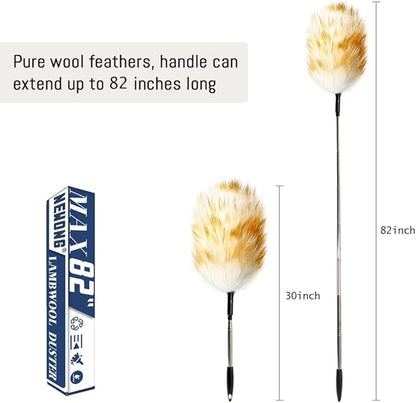 Extendable Lambswool Duster 82inch with Aluminium Alloy Handle, Natural Long Feather Duster for Cleaning Fans, Ceiling, Bookshelevs, for Home&Office