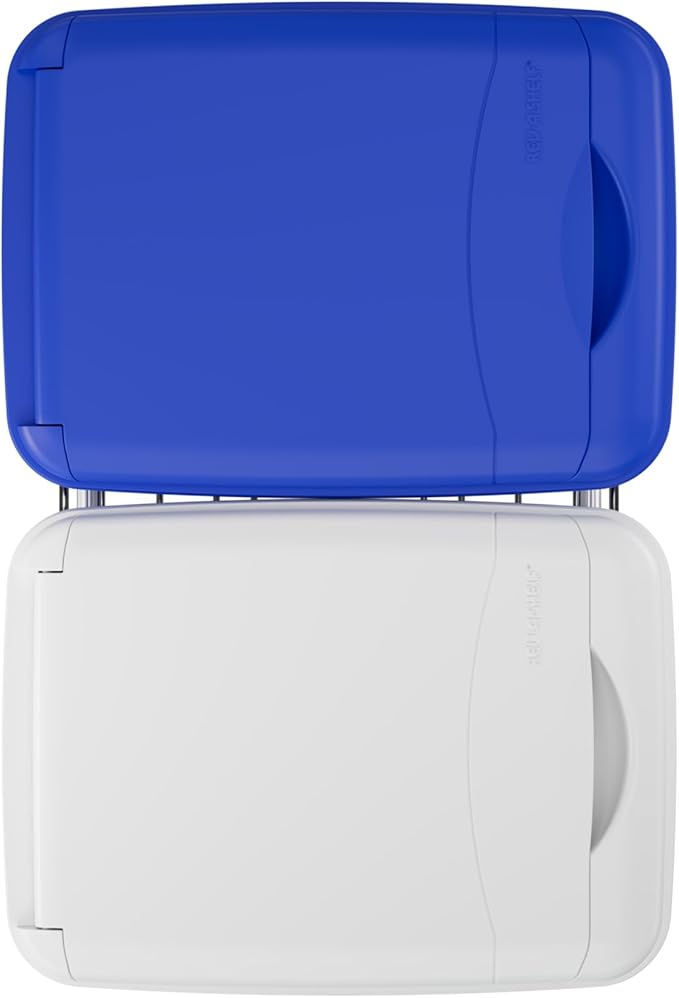 Rev-A-Shelf Double 35 Qt Pullout Trash Can for Base Kitchen Cabinets, Garbage Waste & Recycling Bin System with Lids & Full Extension Slides, Min Opening Width of 14.5", Blue/White, RV-18KD-11RC-S