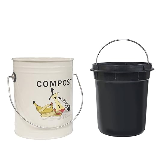 SOTECH Round Compost Bin Garbage Can for Kitchen Counter Garden Compost Can with lid Metal Shell Plastic Liner Trash Can Household Garbage Collection Kitchen Decoration Indoor Composter