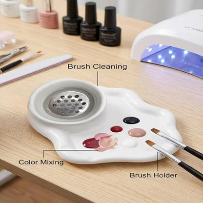 2-in-1 Ceramic Nail Art Brush Cleaner & Palette, Professional Manicure Brush Cleaning Cup with Removable Stainless Steel Filter & Mixing Palette for Gel Polish & Acrylic Painting