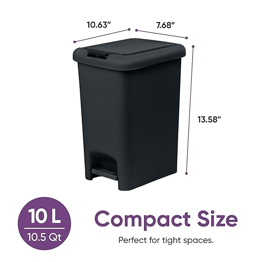 Superio 10L Slim Step & Push Trash Can - 2.7 Gallon Dual Opening, Compact Design (10.63"x7.68"x13.53") - Black
