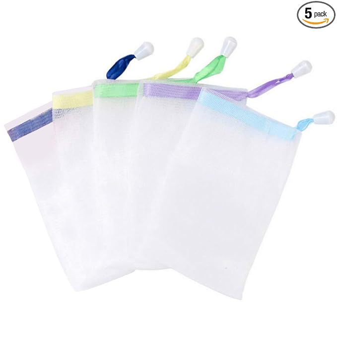INVODA Handmade Soap Easy Bubble Mesh Soap Saver Bag Double Layer Drawstring Holder Bags Foam Net for Body Facial Cleaning Exfoliation Body Cleaning Tool (5 PCS)