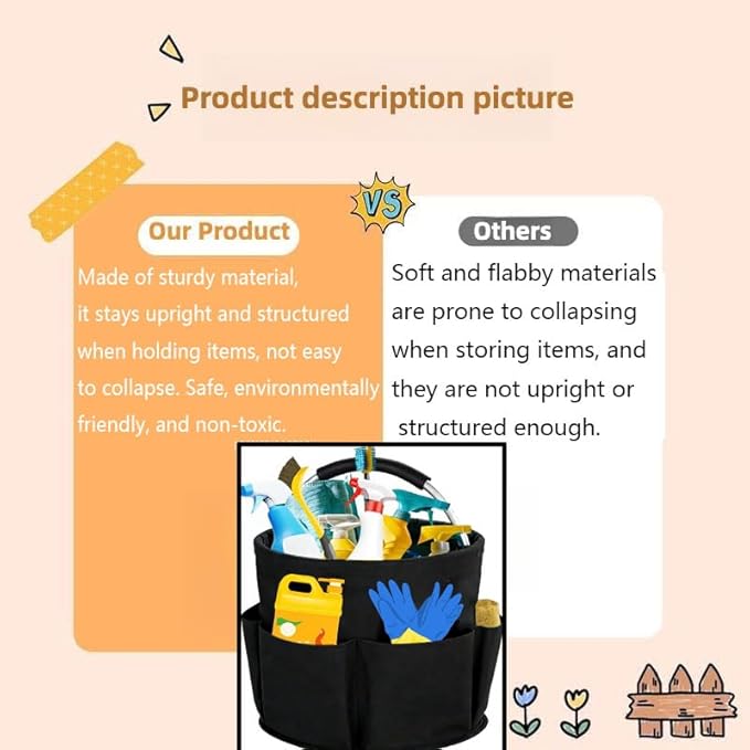 Cleaning Caddy with Handle,Cleaning Supplies 17L Foldable Storage Basket,Portable Multi Bucket Organiser Mop Bucket for Home Garden (Black)-11 x 11inches