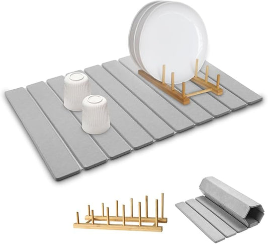 Large Stone Dish Drying Mat for Kitchen Counter,Equipped Dish Rack, Diatomaceous Earth Material, Foldable and Super Absorbent Dish Drying Pad Suitable for Tableware, Bottles and Cup (Grey, 24×16 IN)