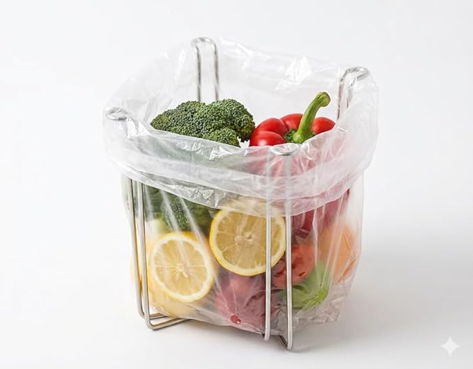 Stainless Steel Countertop Trash Bag Holder & Cup Drying Stand - Foldable Kitchen Garbage Rack for Food Prep & Waste Disposal (Non-Slip, Rust-Proof)