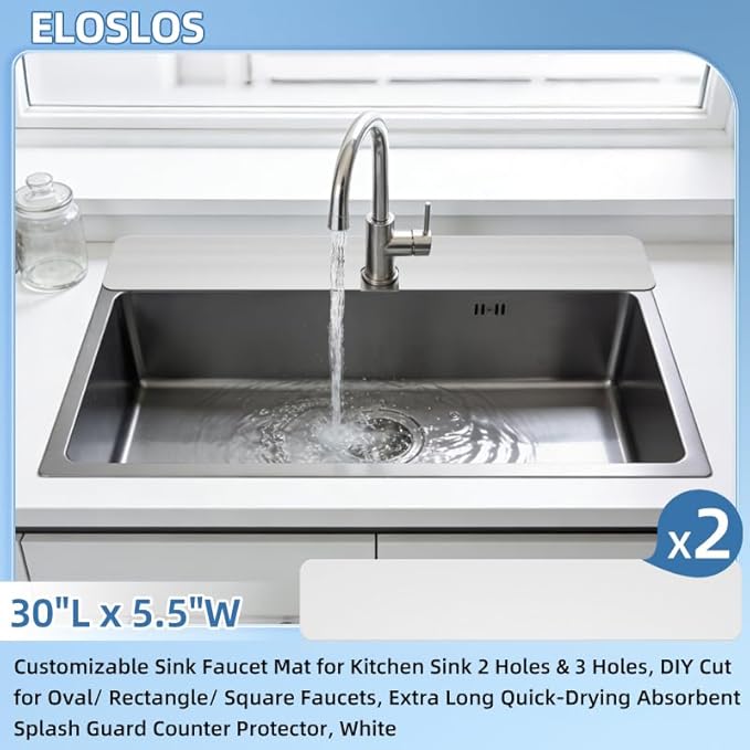 2Pcs 30"L x 5.5"W Customizable Sink Faucet Mat for Kitchen Sink 2 Holes & 3 Holes, DIY Cut for Oval/Rectangle/Square Faucets, Extra Long Quick-Drying Absorbent Splash Guard Counter Protector, White