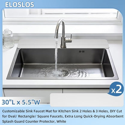2Pcs 30"L x 5.5"W Customizable Sink Faucet Mat for Kitchen Sink 2 Holes & 3 Holes, DIY Cut for Oval/Rectangle/Square Faucets, Extra Long Quick-Drying Absorbent Splash Guard Counter Protector, White