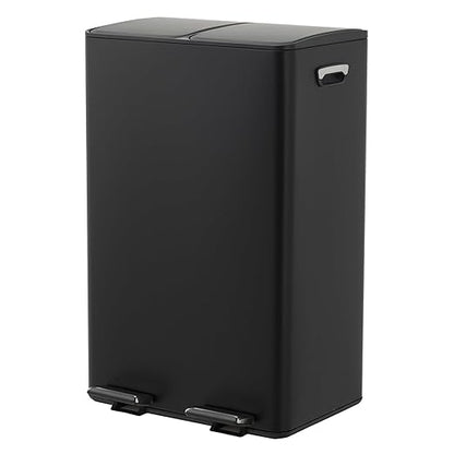 Garvee Dual Compartment Trash Can, 2 x 8 Gal (2 x 30L) Stainless Steel Recycling Bin with Anti-Slip Foldable Foot Pedal & Soft-Close Lid, Kitchen Garbage & Recycle Bin Combo - Black