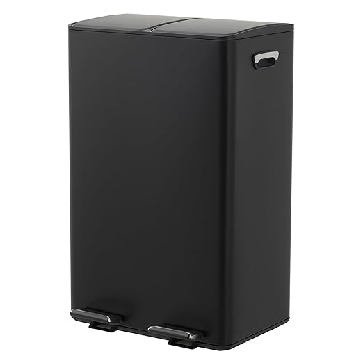 Dual 2 x 8 gal (2 x 30L) Stainless Steel Trash Can with Recycling Bin, Soft-Close Lid, Foldable Anti-Slip Step-on Pedal, Stainless Steel Handle, Removable Plastic Inner Buckets for Kitchen or Office