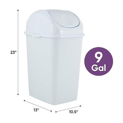 Superio Kitchen Trash Can with Swing Top Lid 9 Gallon Slim Waste Bin 37 Qt Sturdy Plastic Garbage Can Medium Recycling Bin for Office, Bathroom, Under Counter, Dorm, Bedroom (White)