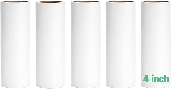 5 Pack 4 Inch Lint Roller Refills, 60 Sheets Per Roll - 300 Total Sheets | Sticky Adhesive Lint & Pet Hair Remover for Clothes, Furniture, Car Seats & Bedding (5, 4 Inch)