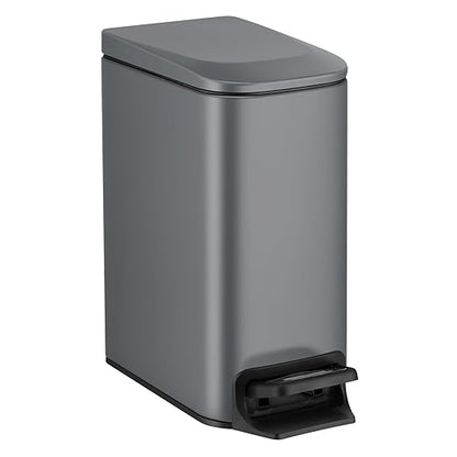 TIPGO Slim Bathroom Trash Can with Lid Soft Close, 6 Liter / 1.6 Gallon Stainless Steel Garbage Can with Removable Inner Bucket, Step Pedal, Small Trash Cans for Bedroom, Office, Kitchen (Grey)