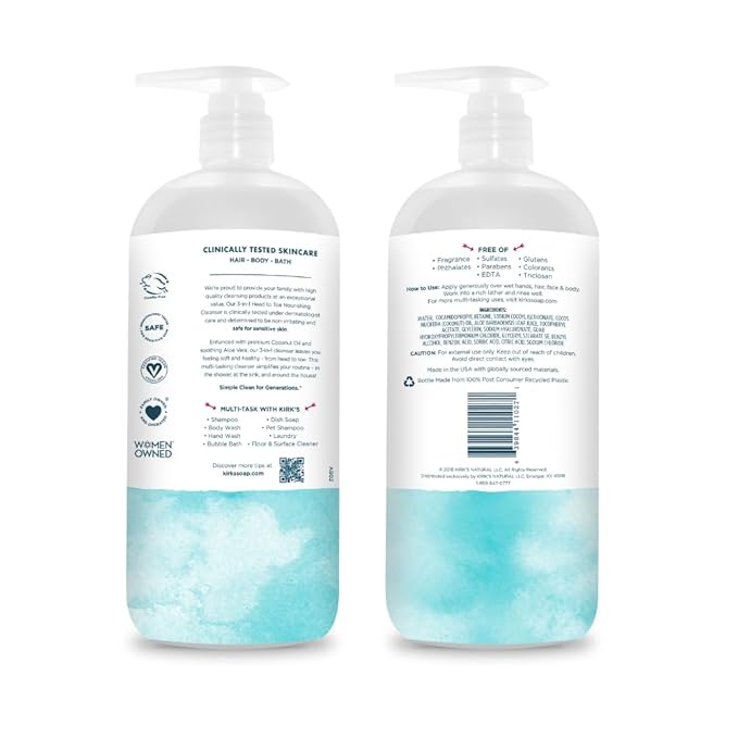 Kirk's Fragrance Free 3-in-1 Nourishing Cleanser, Shampoo Body Wash Bubble Bath, Coconut Oil and Aloe Vera, Vegan Non-GMO, 32 Fl Oz, Pack of 2