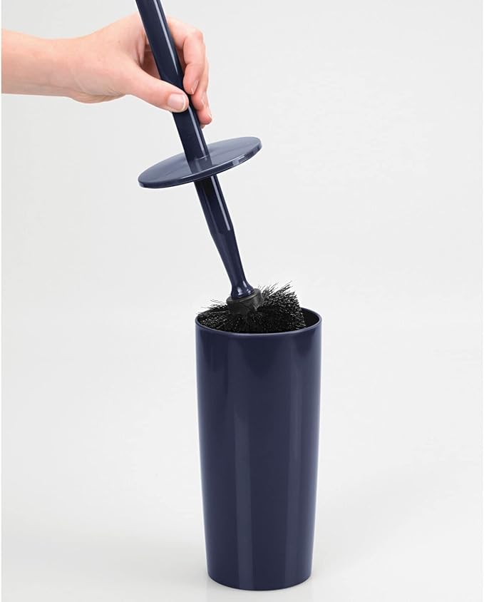 mDesign Slim Plastic Toilet Bowl Brush and Holder Set, Modern Compact Storage Organizer Cleaner Scrubber for Toilet - Heavy Duty Cleaning Plunger for Bathroom, Aura Collection - Navy Blue