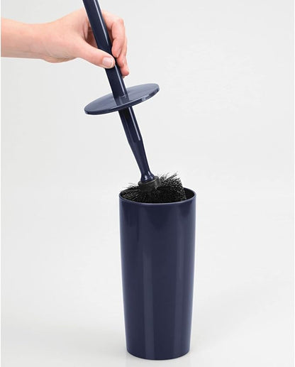 mDesign Slim Plastic Toilet Bowl Brush and Holder Set, Modern Compact Storage Organizer Cleaner Scrubber for Toilet - Heavy Duty Cleaning Plunger for Bathroom, Aura Collection - Navy Blue