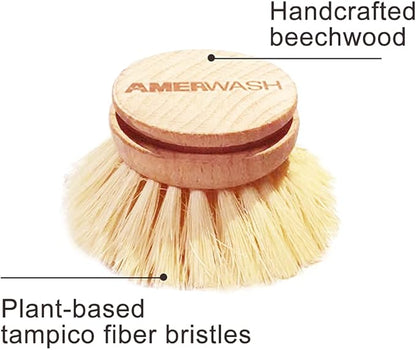 AMERWASH PLUS Classic Dish Brush Replacement Head 3 Packs, Natural Bristle Tampico Fiber for All Purpose Cleaning, Kitchen Scrubber