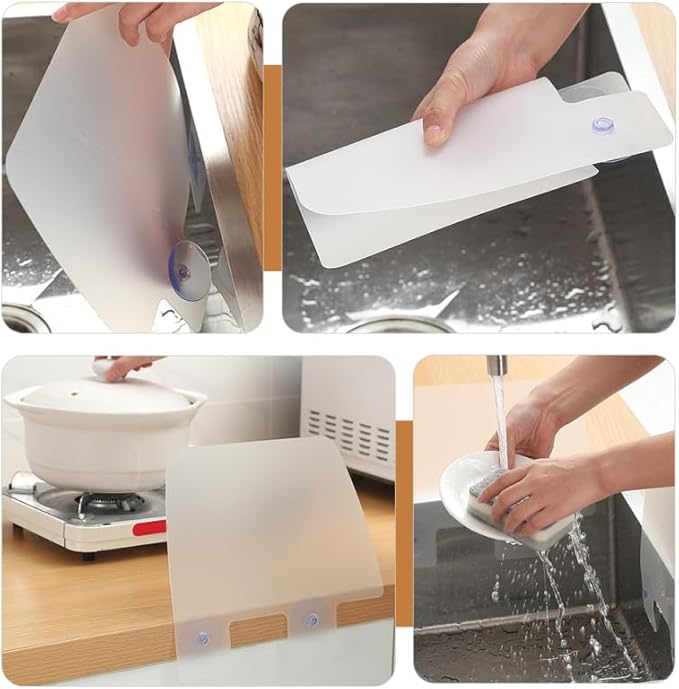 Angoily Kitchen Sink Splash Guards 4-Pack Water Barrier Baffle Boards with Suction Cups Oil Resistant Sink Water Shield Accessories 11.22X9.84In for Splash Prevention and Easy Cleaning