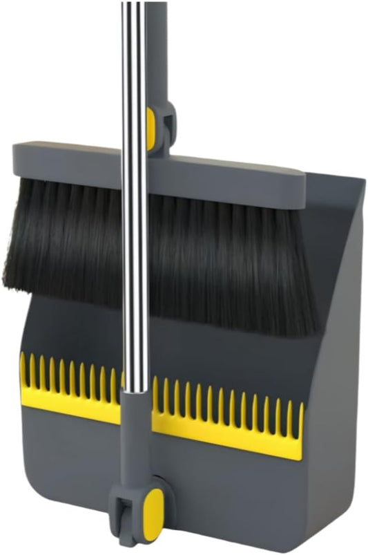 2-in-1 Broom with Dustpan Combo Set,Long Handle Broom Dustpan Combo with Dustpan Teeth to Automatically Clean Hair for Home, Indoor or Outdoor Cleaning Hall Floor (Grayyellow)