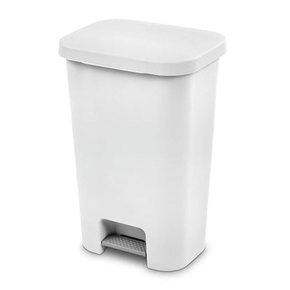 Sterilite 11.9 Gallon Rectangular Step On Kitchen Plastic Indoor Wastebasket with Wide Opening Lid and Comfort Handle for Home, White (16 Pack)