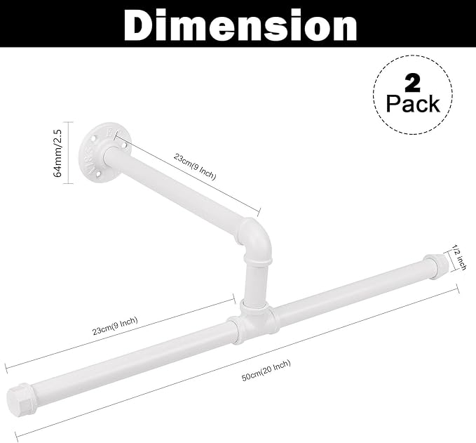 Industrial Pipe Clothes Rack Wall-Mounted, Multi-purpose Rustic Vintage Hanging Rod for Space-Saving Storage in Bedroom, Bathroom, and Laundry Room, 2 Pack White