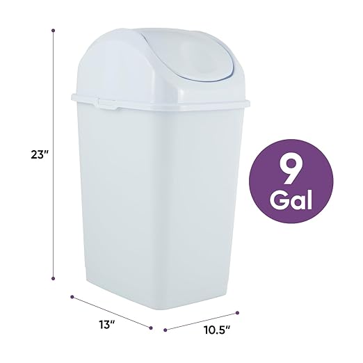 Superio Kitchen Trash Can with Swing Top Lid 9 Gallon Slim Waste Bin 37 Qt Sturdy Plastic Garbage Can Medium Recycling Bin for Office, Bathroom, Under Counter, Dorm, Bedroom (White-2 Pack)