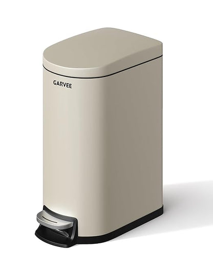 Garvee 2.6 gal / 10 L Metal Bathroom Trash Can with Lid, Slim Waterproof Garbage Can for Bedroom, Small Step-on Trash Bin with Inner Bucket, Rear Handle, Soft Close Lid, Sand Beige