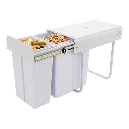 Pullout Trash Can, 10L + 20L Pull Out Under Cabinet Trash Can with Lid, Kitchen Cabinet Garbage Can Sliding Out Under Counter Waste Bin (White)