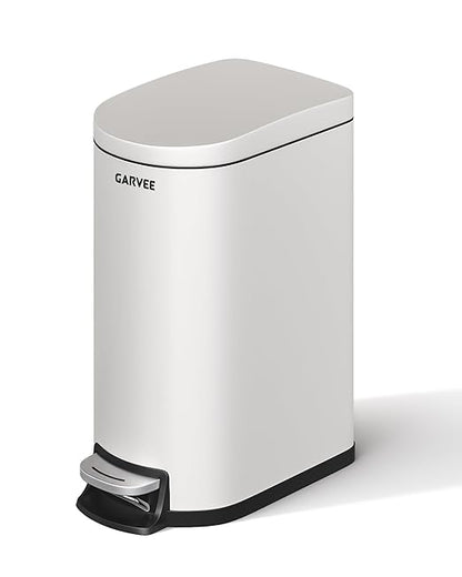 Garvee 2.6 Gallon / 10L Metal Bathroom Trash Can with Lid, Slim Step-On Bin with Soft-Close, Removable Inner Bucket & Rear Handle, Waterproof, White