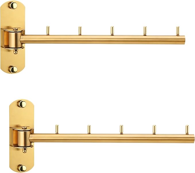 Pack of 2 Folding Wall Mounted Clothes Hanger Rack with Swing Arm Stainless Steel Heavy Duty Coat Hook for Bathroom, Bedroom, Laundry Room - Gold