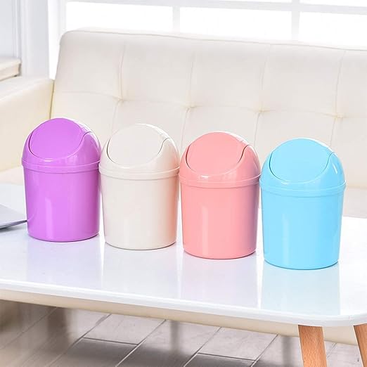 SITAKE 2 Pcs Plastic Mini Wastebasket Trash Can with Swing Lid with 120 Trash Bags, Tiny Desktop Waste Garbage Bin for Home, Office, Kitchen, Vanity Tabletop, Bedroom, Bathroom (Pink + Beige)