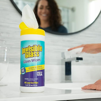 Invisible Glass 90160 Glass Cleaning Wipes, Pre-Moistened, Streak-Free and Lint-Free, Safe for Windows, Mirrors, Windshields, and Tinted Glass, 40 Count